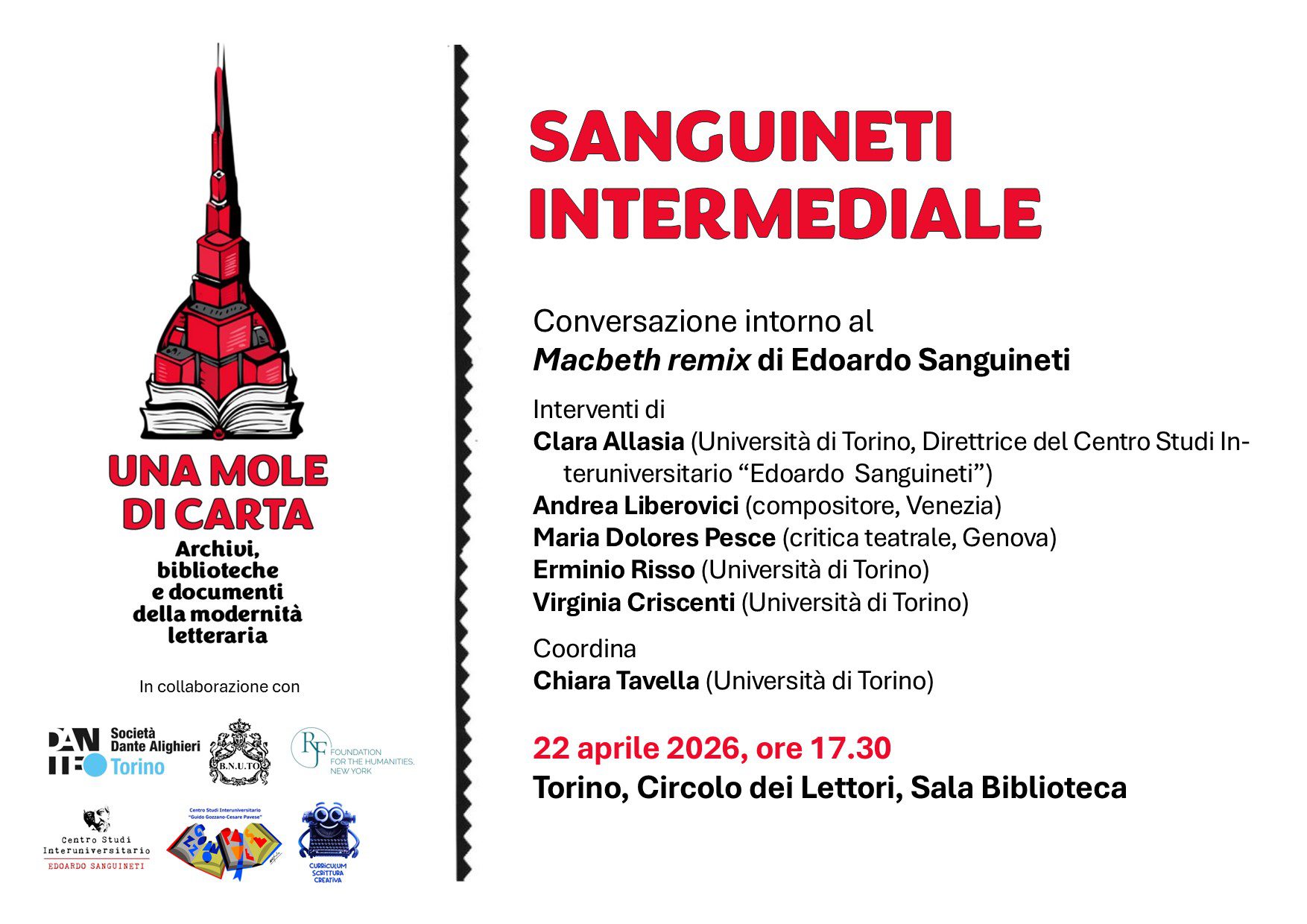 Rassegna “Una Mole di carta”Incontro “Sanguineti intermediale” Conversazione intorno al Macbeth remix